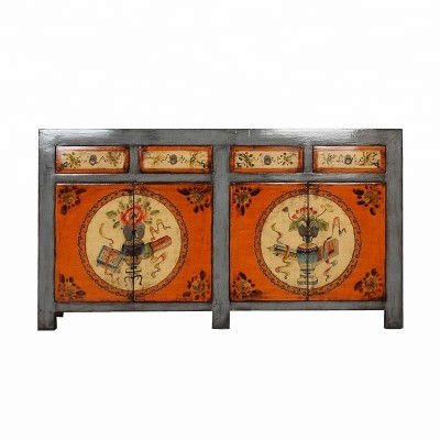 Wholesale Chinese solid wood reproduction hand painted floral cabinet furniture